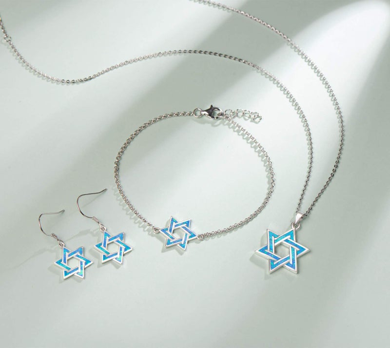 FANCIME Star of David Necklace for Women Hanukkah Gifts 925 Sterling Silver Blue Created Opal Necklace Charm Geometric Pendant Jewelry for Women - Image 3